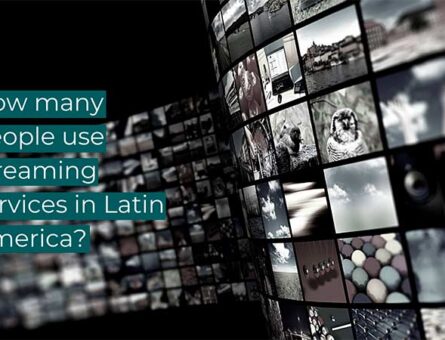 Black and white photograph with several screens displaying movies and TV shows. Over the photo is a white text, highlighted in dark green, that says “how many people use streaming services in Latin America?