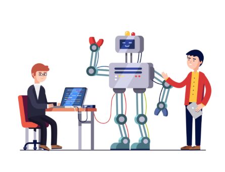 Software and hardware engineers are making and programming huge robot. Robotics hardware and software engineering. Development company. Flat style vector illustration isolated on white background.
