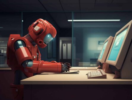 a red robot working at a bank teller, in the style of vintage cinematic look, topcor 58mm f/1.4, narrative-driven visual storytelling, sketchfab, nostalgic charm, emphasizes feelings over reality, isometric --ar 128:71 --v 5.2 Job ID: 0780a21e-e007-42fa-a2f9-4f02cd79b23b