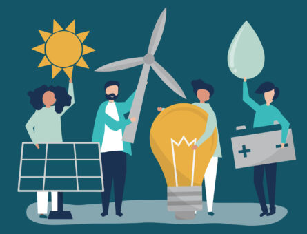 Characters of people holding green energy icons