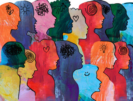 Large Group of diverse people profile view hand drawn, with different emotional / mental states and thoughts.