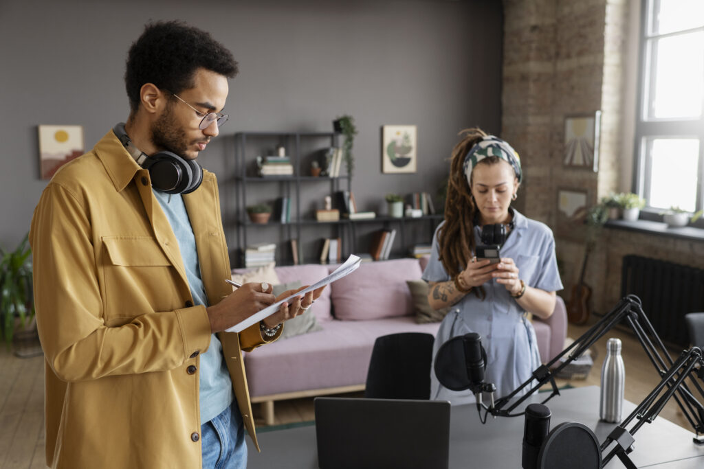 medium shot people preparing podcast